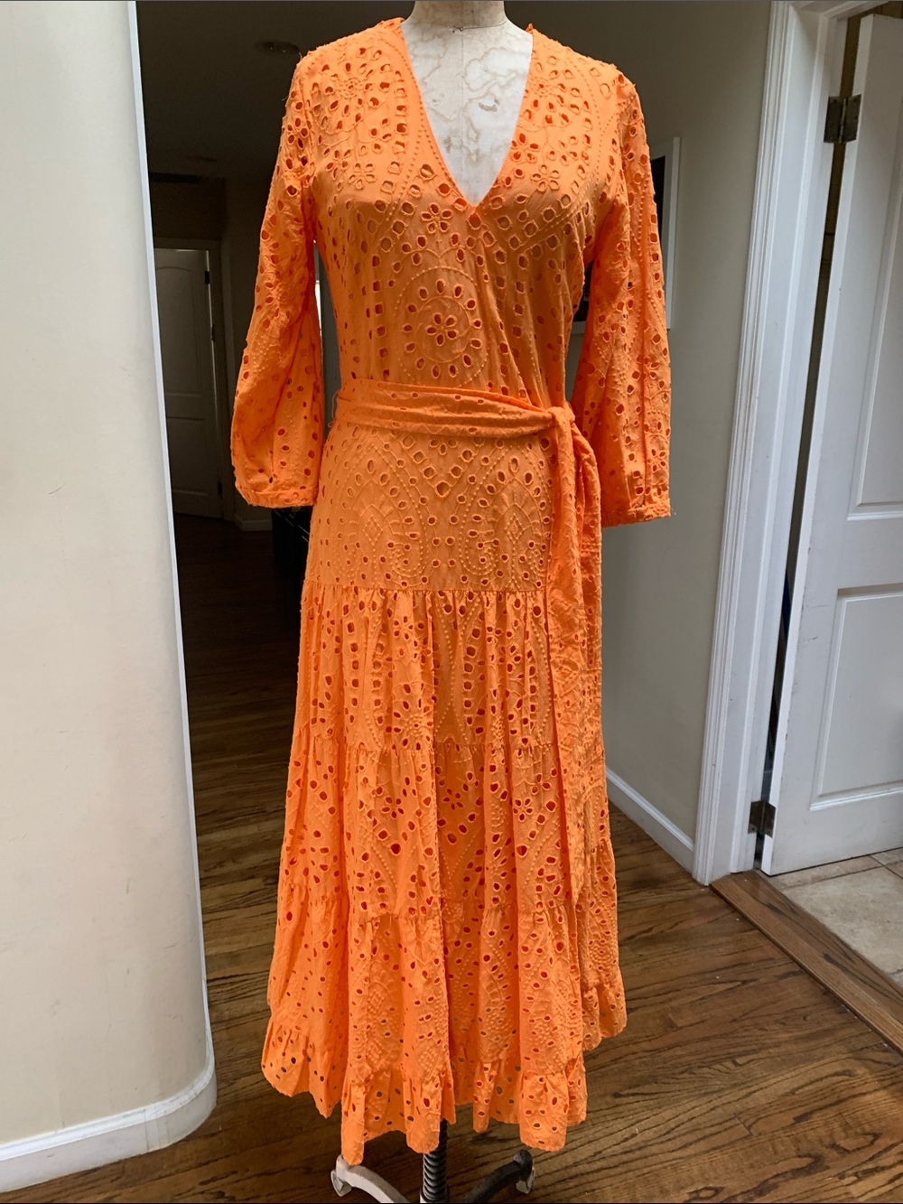Zara Bright Orange Eyelet Wrap Maxi Dress